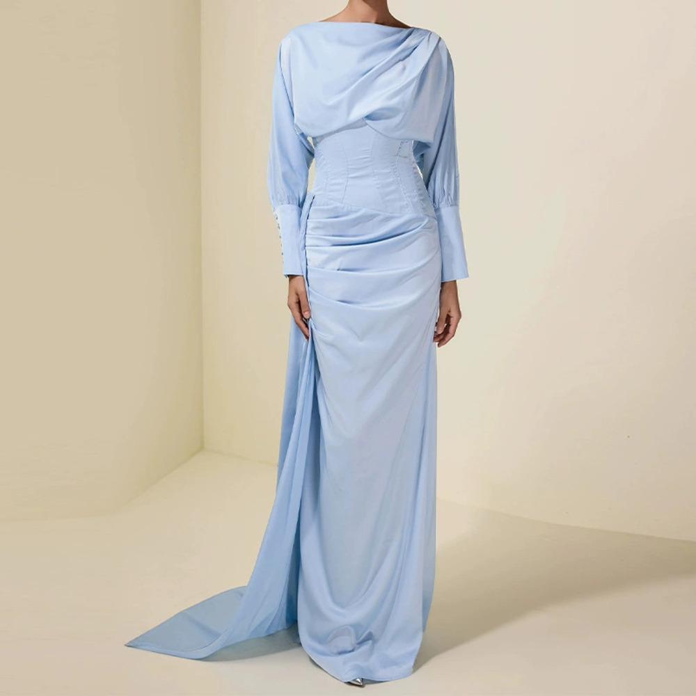Forever 21 Elegant Light Blue Long Dress Round-Neck Ruffled Lantern Sleeves